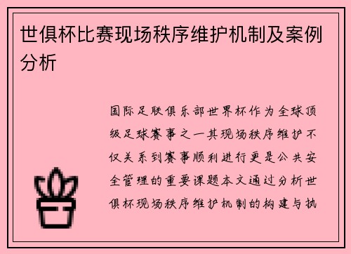 世俱杯比赛现场秩序维护机制及案例分析